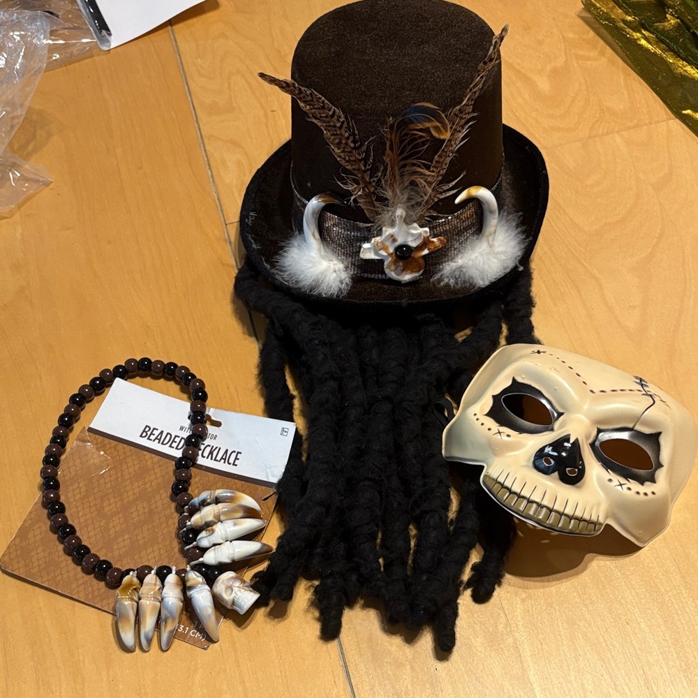Witch Doctor Brown Feathered Hat with Skull Accessory